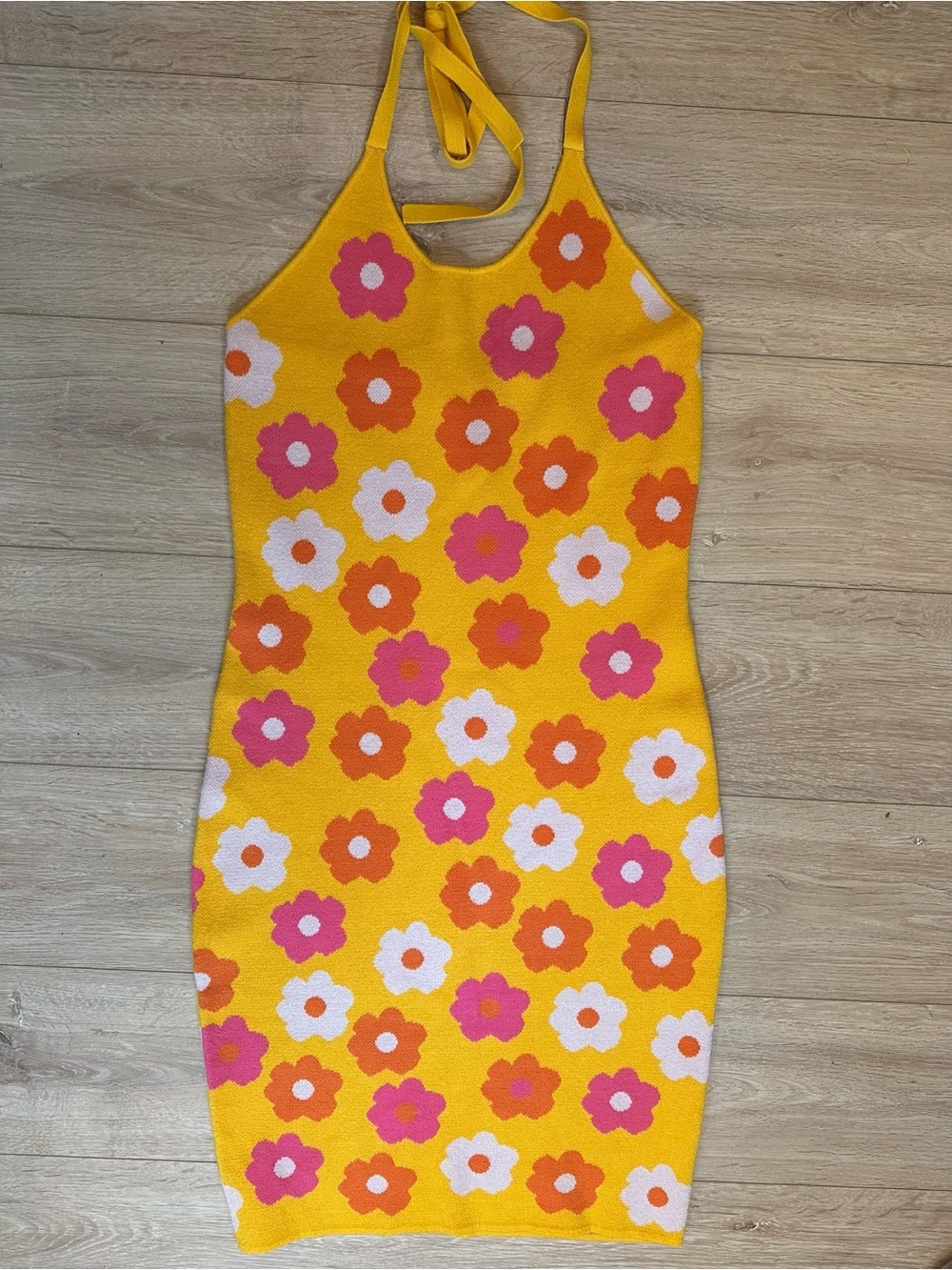 Hippie Retro Floral Yellow Bodycon Midi Boho sweater Halter Top Dress - Women's - Picture 2 of 7